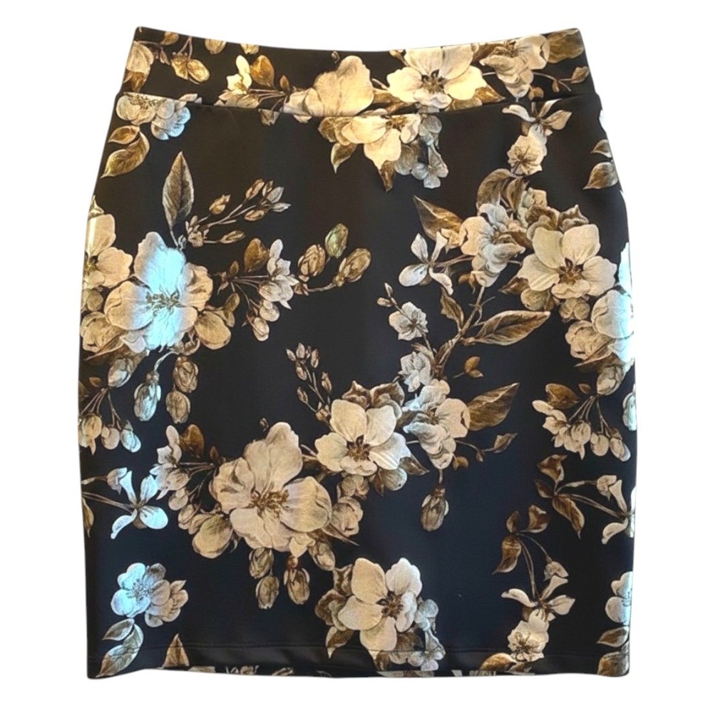 Avenue Pencil Skirt Black Gold Metallic Shimmer Floral Holiday Party Women 14/16